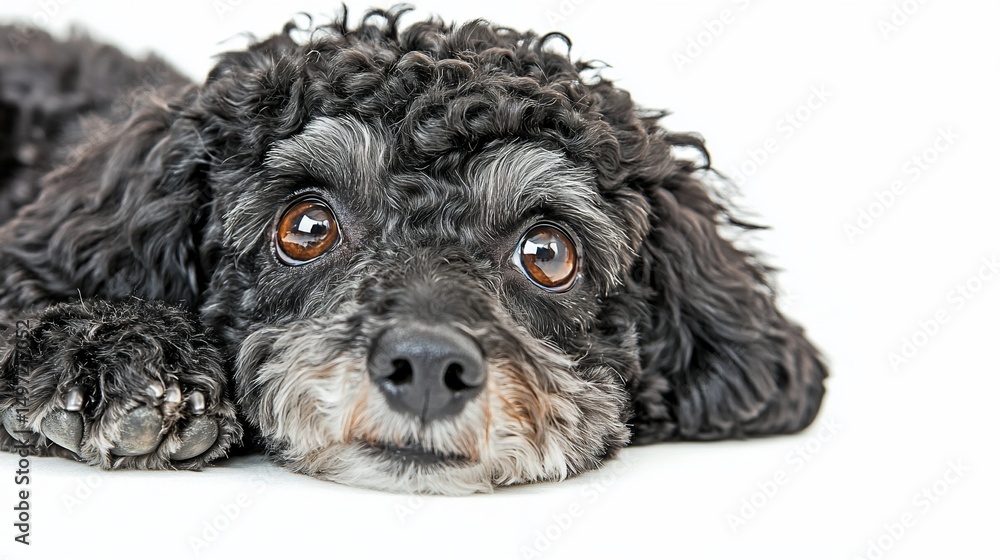 Poster close-up of a black and gray toy poodle lying down on a white background, looking at the camera with