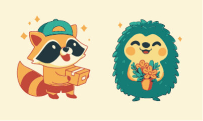 Fototapeta premium Cute Illustration of Raccoon and Hedgehog with Flowers in Vector Art Style
