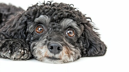 Close-up of a black and gray toy poodle lying down on a white background, looking at the camera with big, expressive eyes.