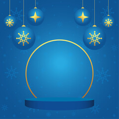 Naklejka premium Blue Christmas background vector with hanging ornament ball decoration, snowflake pattern, and circular podium stage for holiday celebration, winter festive display design