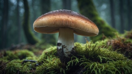 Mushroom growing in a lush green forest with moss and trees in the background. Nature and fungi, concept. Forest ecology and wild mushroom. The concept of forest biodiversity and fungi.