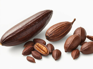 Obraz premium Title. Whole and Halved Cocoa Pods with Raw Beans – Transparent Background, Photorealistic, Product Mockup Style