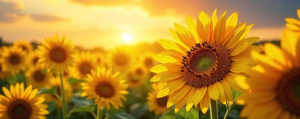 Obraz premium Vibrant yellow sunflowers ablaze under a scorching summer sun, radiating intense heat and energy Perfect for summer, warmth, and vibrant themes , hue, light