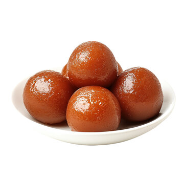 Gulab Jamun an Indian and Pakistani sweet dish in a bowl, isolated on white background.	
