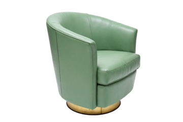 Chic light green fabric upholstered swivel barrel chair with a curved back and a round golden metal base, a stylish accent piece for contemporary living room or lounge area, isolated