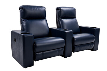 Fototapeta premium Pair of navy blue leather individual home theater recliners with padded armrests and convenient cupholders, comfortable seating for immersive movie watching experience, isolated