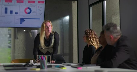 Female boss publicly scolding male employee during tense office meeting, man hides face in shame as colleagues look on, highlighting workplace conflict and humiliation