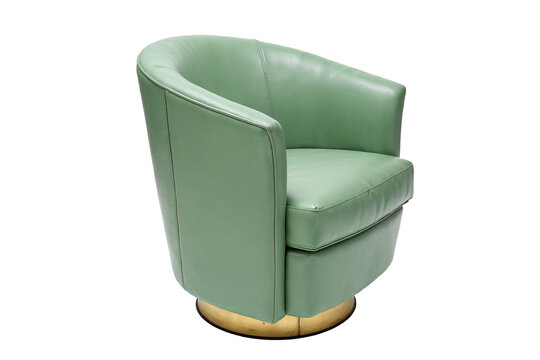 Chic light green fabric upholstered swivel barrel chair with a curved back and a round golden metal base, a stylish accent piece for contemporary living room or lounge area, isolated