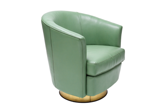 Chic light green fabric upholstered swivel barrel chair with a curved back and a round golden metal base, a stylish accent piece for contemporary living room or lounge area, isolated