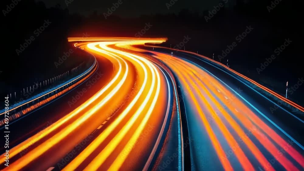 Poster abstract neon light trails in vibrant motion, forming dynamic curved lines against a black backgroun