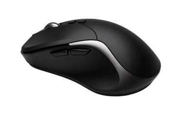 Ergonomic black wireless computer mouse with multiple buttons and scroll wheel, essential peripheral device for desktop and laptop computers, isolated on a clean transparent background