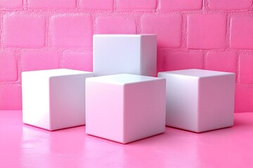 Fototapeta premium Three White Cubic Display Platforms Against a Pink Brick Wall