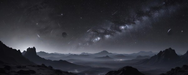 Distant starlight, inky black void; scattered galaxies, cosmic dust clouds,  nebula,  cosmic dust