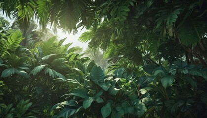 Deep emerald canopy, overflowing with large, broad tropical leaves ,  emerald,  background