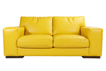 Fototapeta premium Vibrant bright yellow two-seater sofa with a classic contemporary design, comfortable upholstered seating furniture for modern living spaces, isolated against a seamless transparent backdrop