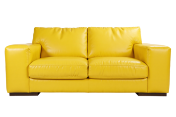 Vibrant bright yellow two-seater sofa with a classic contemporary design, comfortable upholstered seating furniture for modern living spaces, isolated against a seamless transparent backdrop