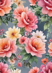 Vibrant watercolor floral blooms, lush petals ,  smooth,  delicate