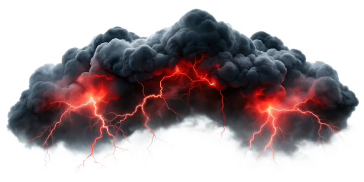 Dramatic storm cloud with red lightning isolated on a white background png ai generated