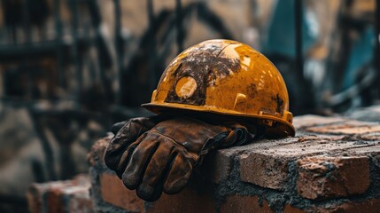 Dirty hard hat and work gloves rest on a brick wall, suggesting a construction site or aftermath of a disaster