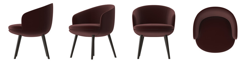 dark red rounded accent chair with curved back multiple view isolated.