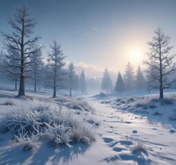 Frosty blue winter landscape with delicate snowflake silhouettes , silhouette, subtle, ice crystals