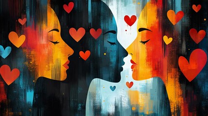 An abstract artistic representation of two women kissing, surrounded by colorful hearts, symbolizing love and connection.