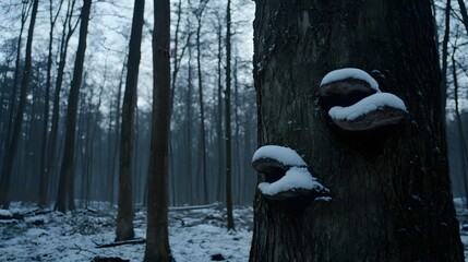 Snowy Winter Forest Scene with Mushrooms on Tree Trunk