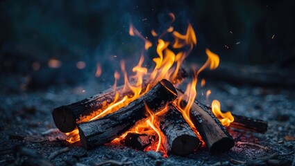 A campfire with burning logs and flames in a dark outdoor setting.