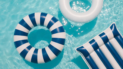 inflatable rings and mattress in white and navy blue colors.  Summer vacation, travel, tourism concept. 