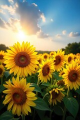 A vibrant field of sunflowers basking in the golden sunlight, their faces turned towards the sun  A breathtaking display of nature's beauty and abundant summer warmth , peaceful, happy, sunflowers