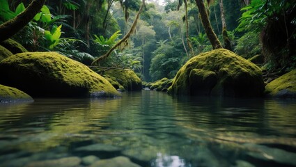 A lush forest stream with moss-covered rocks in a tropical jungle setting. Nature and wilderness scene. Water and greenery in a dense forest landscape.