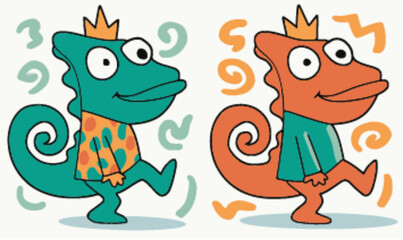 Obraz premium Playful Cartoon Chameleons with Crowns and Colorful Patterns in Vector Art