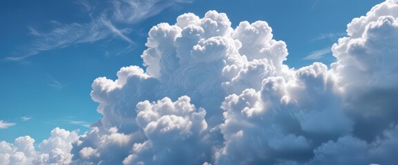Fluffy white cumulus cloud drifts across vibrant azure sky ,  aerial,  daytime,  meteorology