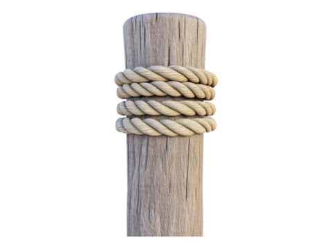 Isolated Wooden Post with Twisted Rope on Transparent Background