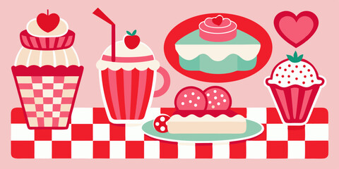 Vector birthday dessert illustration with cute strawberry and chocolate cupcakes and cakes