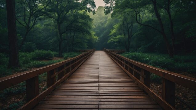 A wooden bridge stretching through a lush green forest with tall trees and dense foliage, creating a serene and natural pathway. - Powered by Adobe