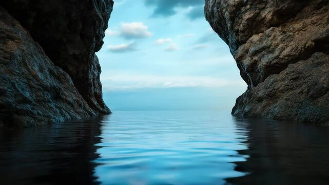 Calm sea and water flow between two large rocky cliffs under partly cloudy sky, creating peaceful and serene natural landscape with calm clouds and tranquil nature scene