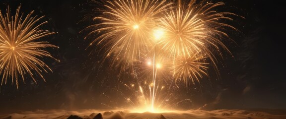 Golden fireworks burst in vibrant, wide explosion  ,  illumination,  gold,  energy