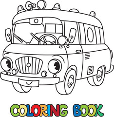Funny retro ambulance car with eyes. Coloring book