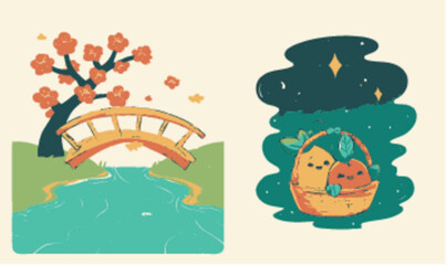 Charming Illustrative Vector Art of Nature with Bridge and Basket