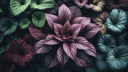Naklejka premium A variety of colorful leaves with large, textured, purple and green foliage.