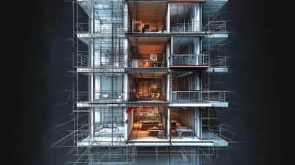 Cutaway schematic of high-rise building with floor numbers and missing 13th floor marked by dashed red outline, technical architectural blueprint on black background with minimal render style