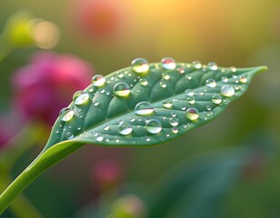 the image is a close up shot of a green leaf covered in sparkling water droplets. the leaf is in sharp focus, revealing its texture and the droplets clinging to its surface
