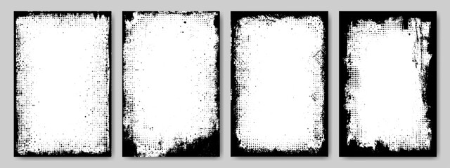 Set of grunge frame pattern with halftone texture and overlay paint brush stroke for social media business banner. Retro comic torn paper border or watercolor silhouette art for fashion photo collage. © Impixmart