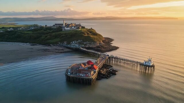 Penclawdd Pier Silhouette: An aerial shot captures the silhouette of Penclawdd pier against the backdrop of a tranquil sea, offering a serene view of the structure.