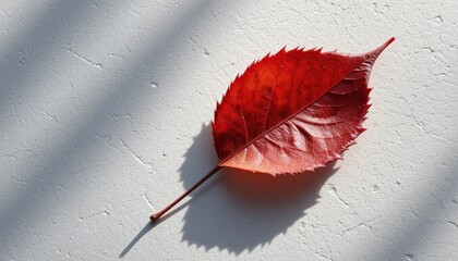 A single red leaf with jagged edges lies on a textured white surface casting soft shadows around it