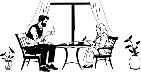 Man and woman enjoying tea together at a table by the window  , family visiting elderly parent