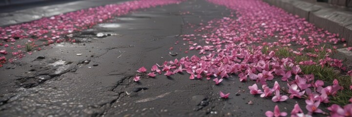 Delicate bloom pushes through asphalt cracks, vibrant petals unfurl ,  shadow,  resilience