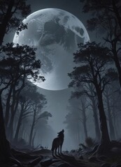 A lone wolf's mournful cry echoes through moon-drenched trees ,  scenic view,  atmosphere