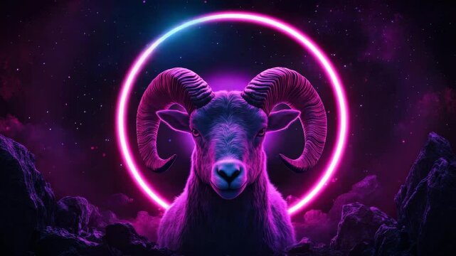 Neon ram with large curved horns glowing pink and blue under dark starry sky and rocky landscape, emitting mystical aura in vibrant colors and futuristic cosmic night scene rock